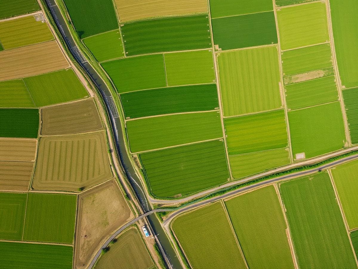 Aerial view of green farmland plots and an irrigation canal