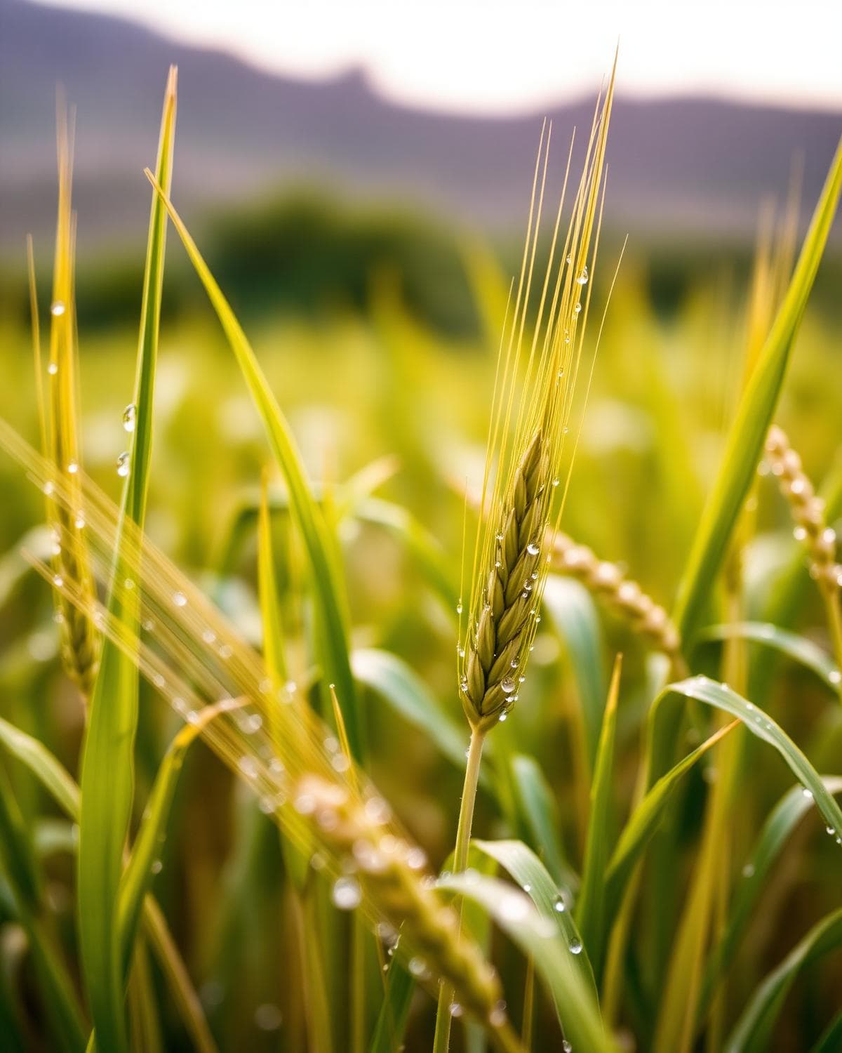 Close-up of young wheat crop with morning dew