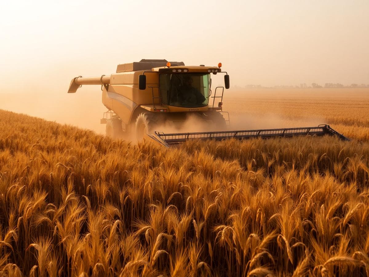 Combine harvester working through a golden wheat field