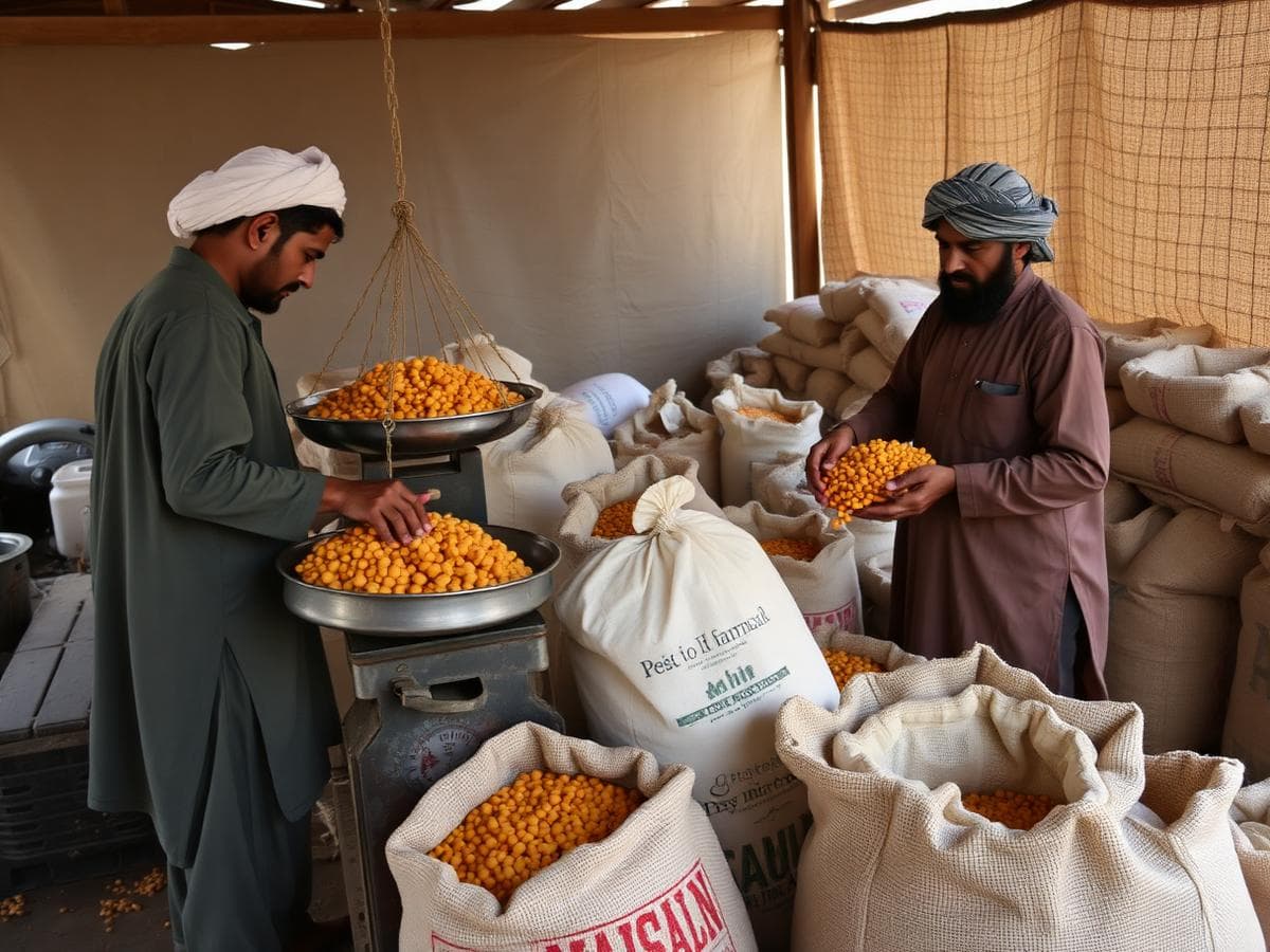 Workers weighing and packing produce into sacks
