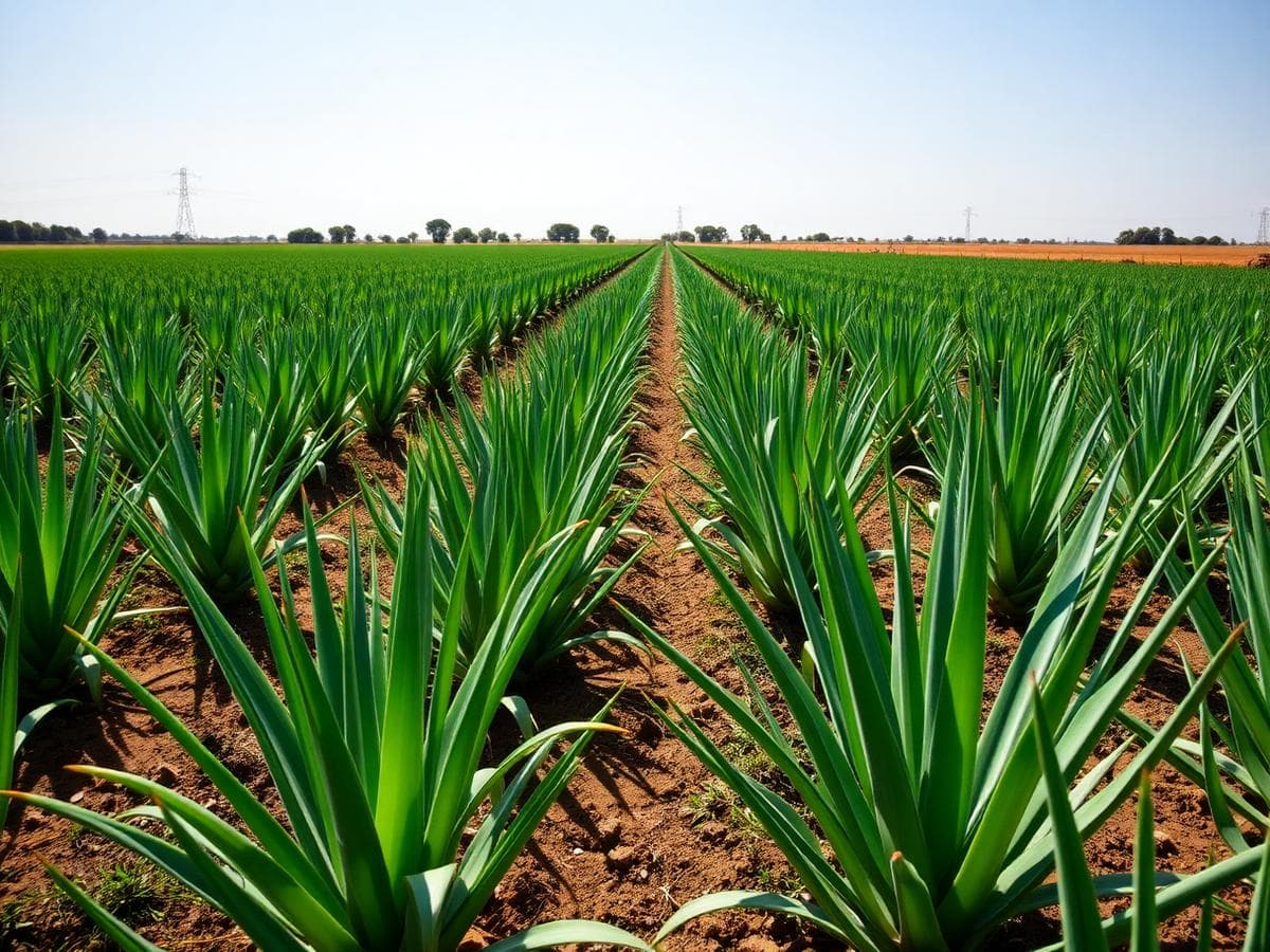 Rows of aloe vera plants growing in an open field