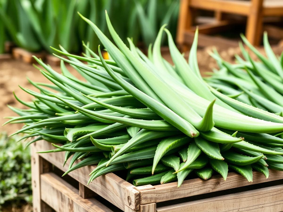 Freshly harvested aloe vera leaves stacked in a wooden crate
